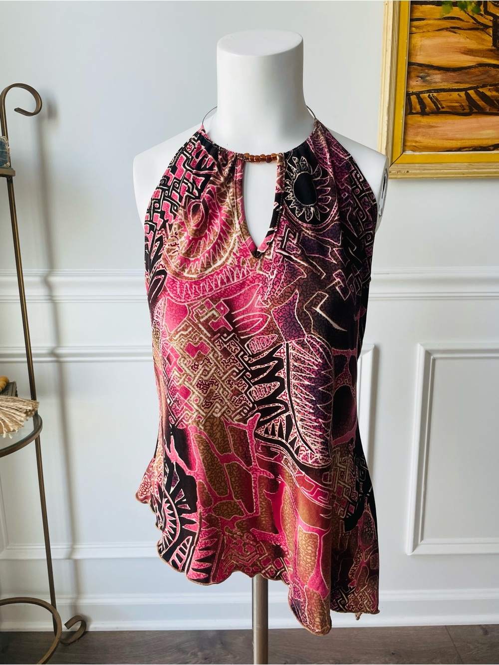 Judy Knapp Printed Halter Blouse in Pink & Brown Large